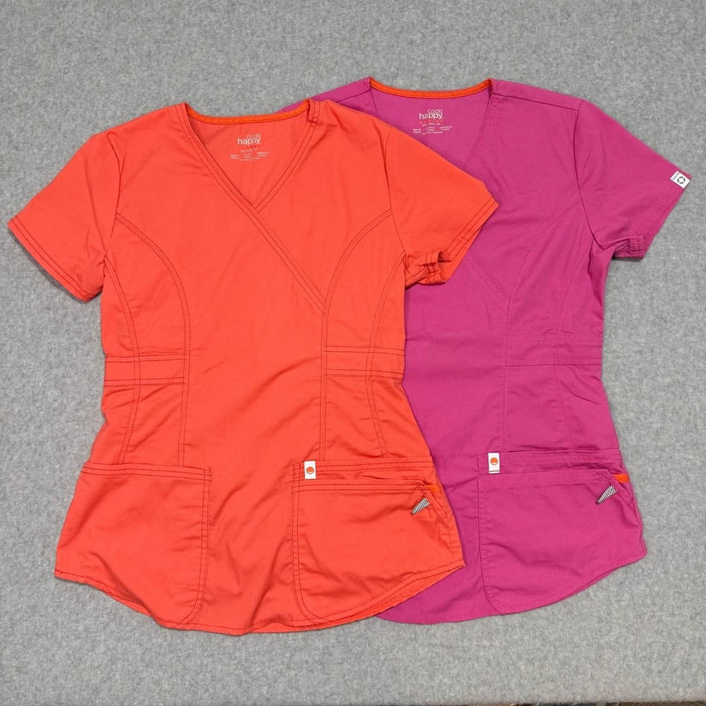 Lot of 2 Code Happy Scrub Tops Womens XS Extra Small V-Neck Pink Orange Medical